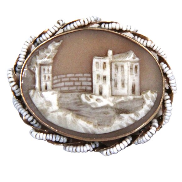 ANTIQUE VICTORIAN SCENIC 10KT GOLD HAND CARVED SHELL CAMEO...